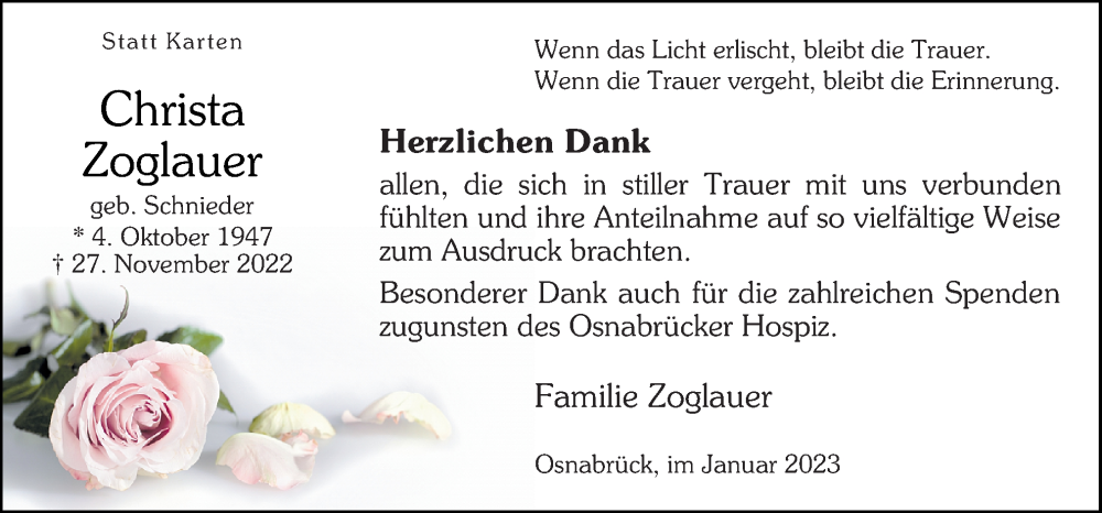  Traueranzeige für Christa Zoglauer vom 14.01.2023 aus Neue Osnabrücker Zeitung GmbH & Co. KG