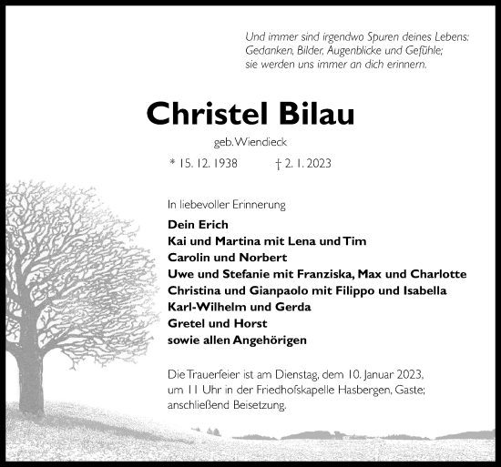 Traueranzeige von Christel Bilau von Neue Osnabrücker Zeitung GmbH & Co. KG