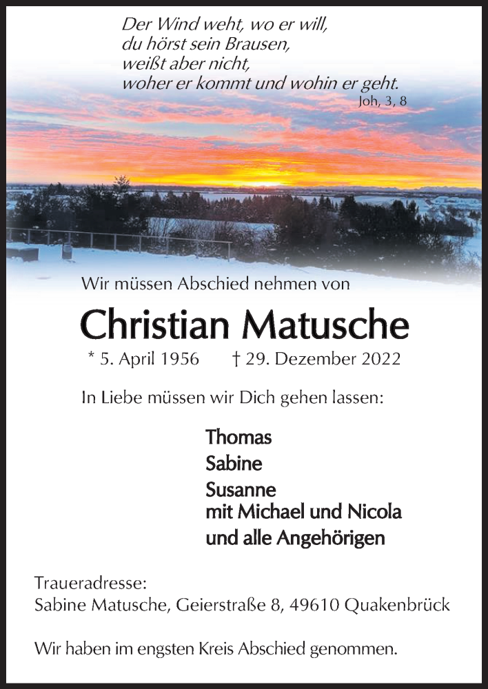  Traueranzeige für Christian Matusche vom 21.01.2023 aus Neue Osnabrücker Zeitung GmbH & Co. KG