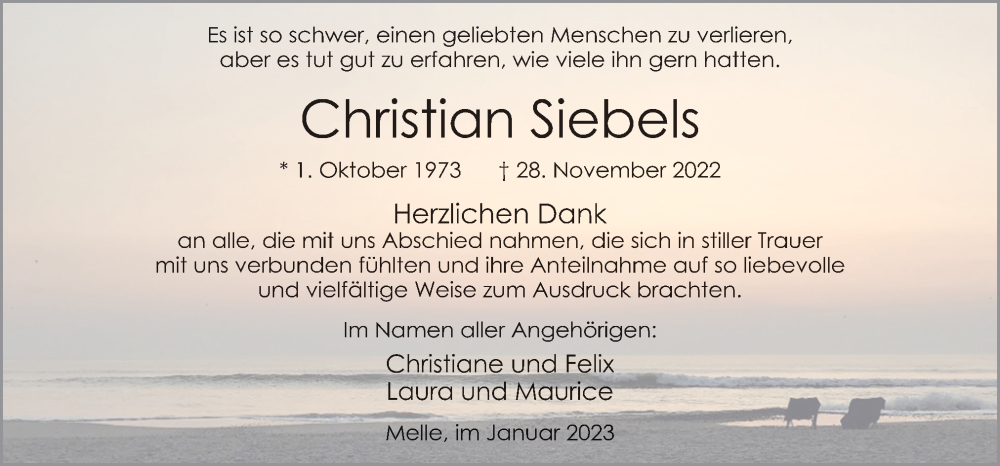  Traueranzeige für Christian Siebels vom 07.01.2023 aus Neue Osnabrücker Zeitung GmbH & Co. KG