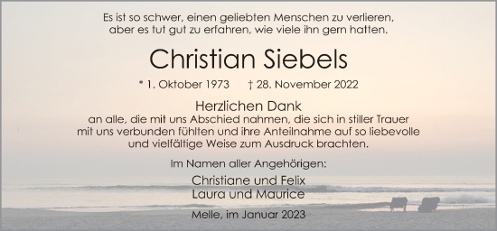 Traueranzeige von Christian Siebels von Neue Osnabrücker Zeitung GmbH & Co. KG