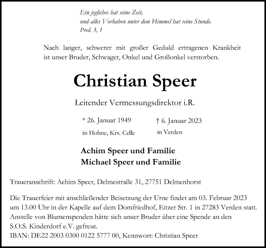Traueranzeige von Christian Speer von Neue Osnabrücker Zeitung GmbH & Co. KG