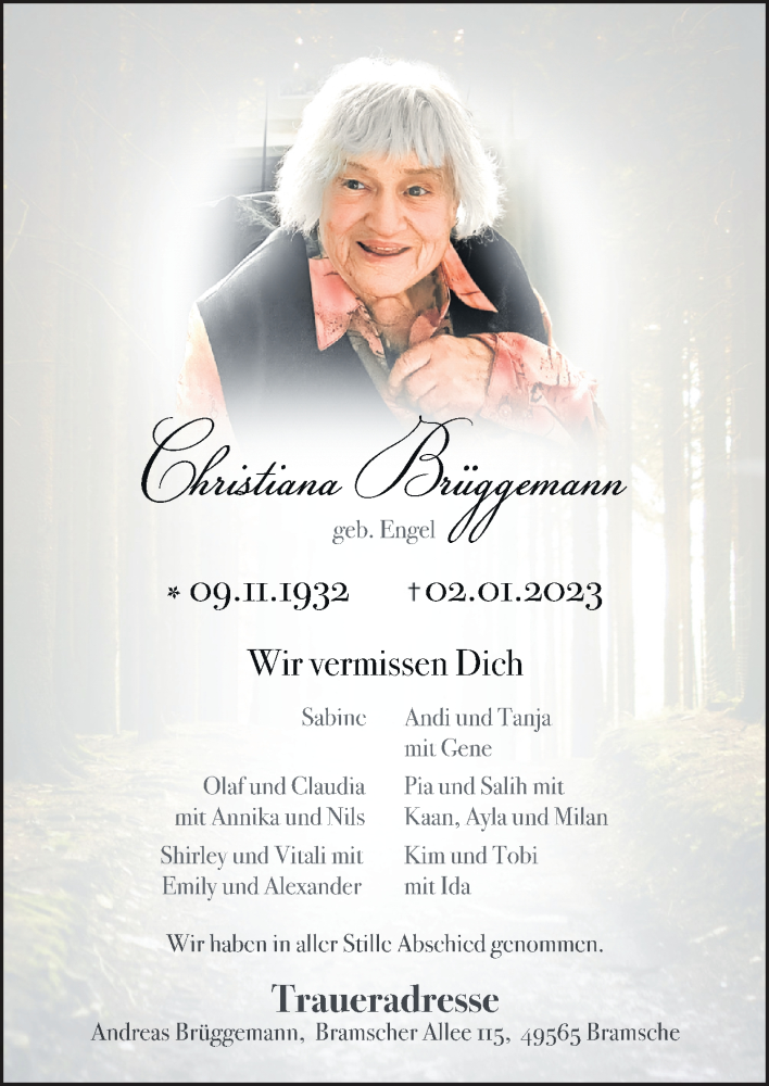  Traueranzeige für Christiana Brüggemann vom 14.01.2023 aus Neue Osnabrücker Zeitung GmbH & Co. KG