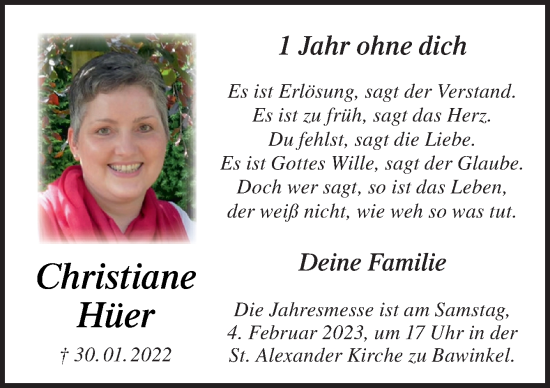 Traueranzeige von Christiane Hüer von Neue Osnabrücker Zeitung GmbH & Co. KG