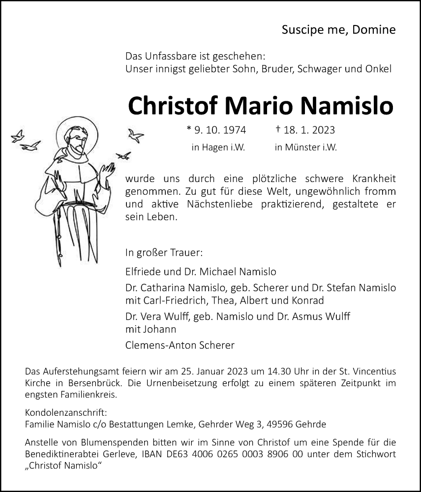  Traueranzeige für Christof Mario Namislo vom 23.01.2023 aus Neue Osnabrücker Zeitung GmbH & Co. KG