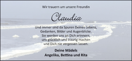 Traueranzeige von Claudia  von Neue Osnabrücker Zeitung GmbH & Co. KG