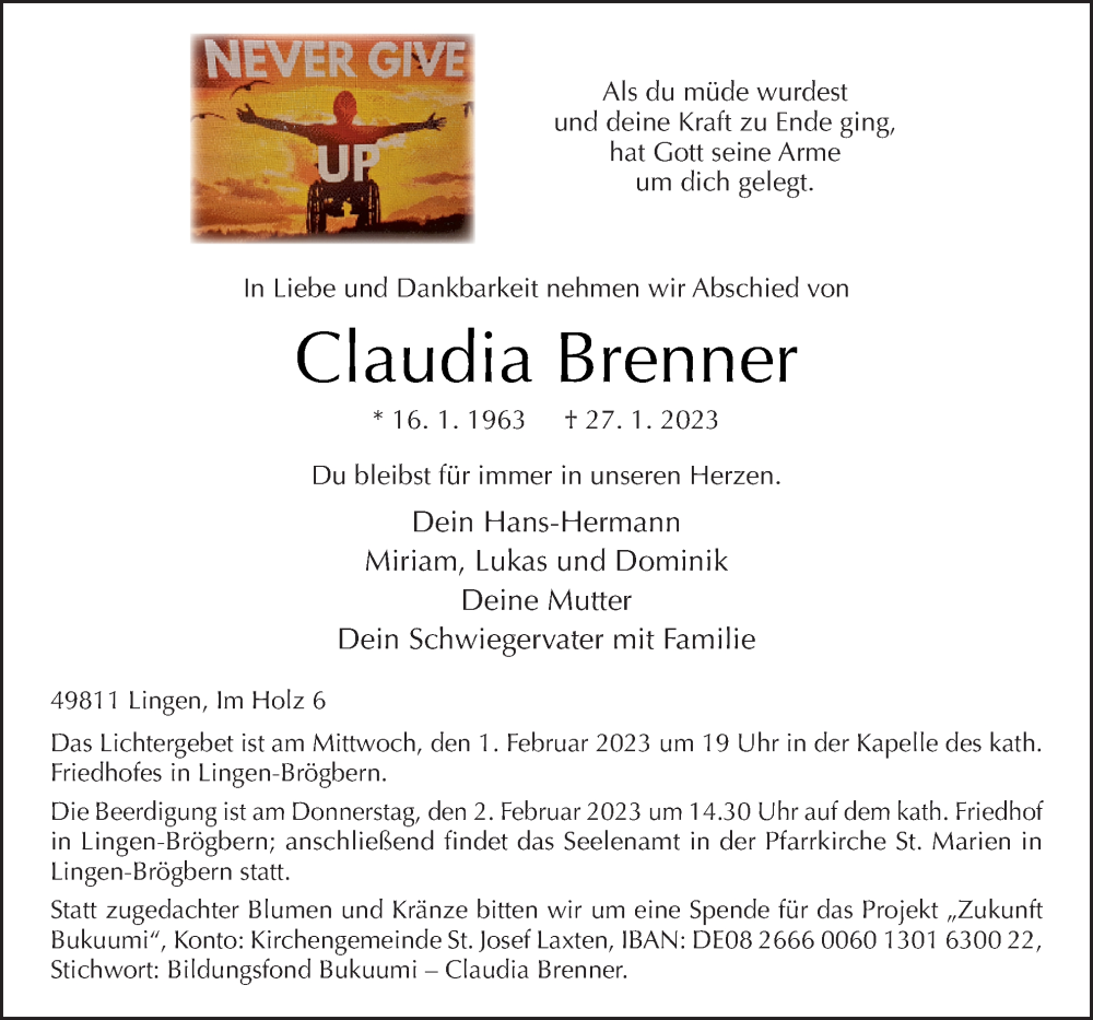  Traueranzeige für Claudia Brenner vom 30.01.2023 aus Neue Osnabrücker Zeitung GmbH & Co. KG