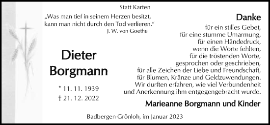 Traueranzeige von Dieter Borgmann von Neue Osnabrücker Zeitung GmbH & Co. KG
