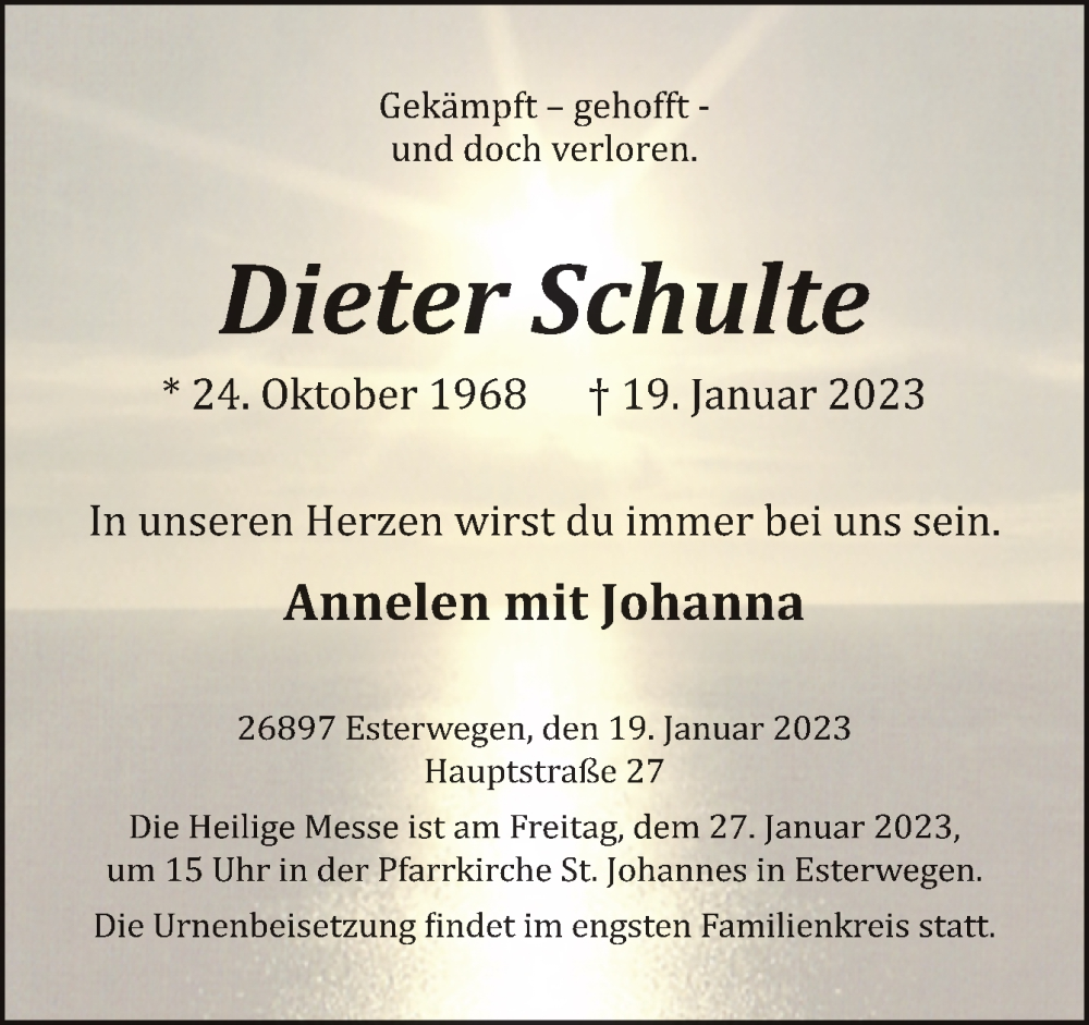  Traueranzeige für Dieter Schulte vom 23.01.2023 aus Neue Osnabrücker Zeitung GmbH & Co. KG
