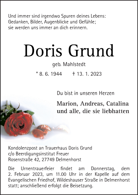 Traueranzeigen Von Doris Grund | Noz Trauerportal