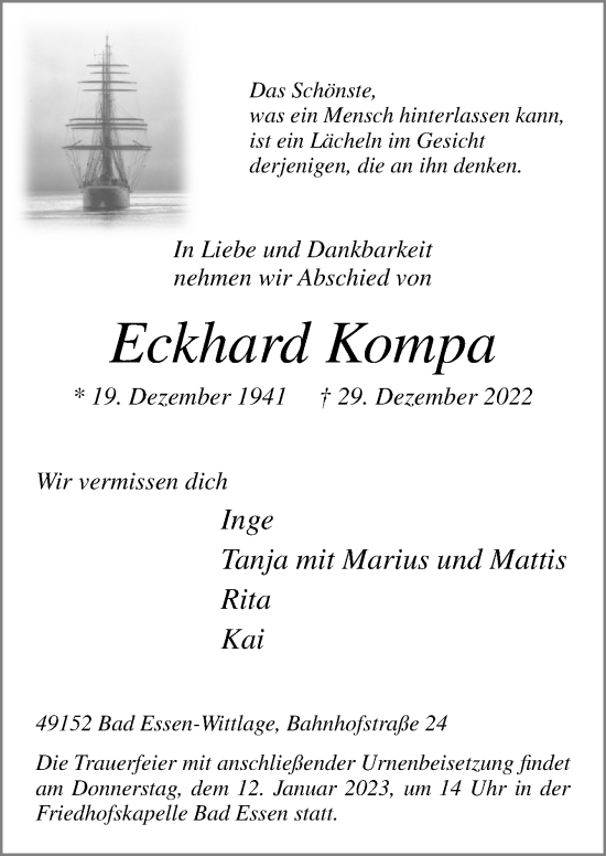 Traueranzeige von Eckhard Kompa von Neue Osnabrücker Zeitung GmbH & Co. KG