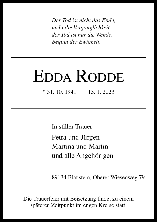 Traueranzeige von Edda Rodde von DK Medien GmbH & Co. KG