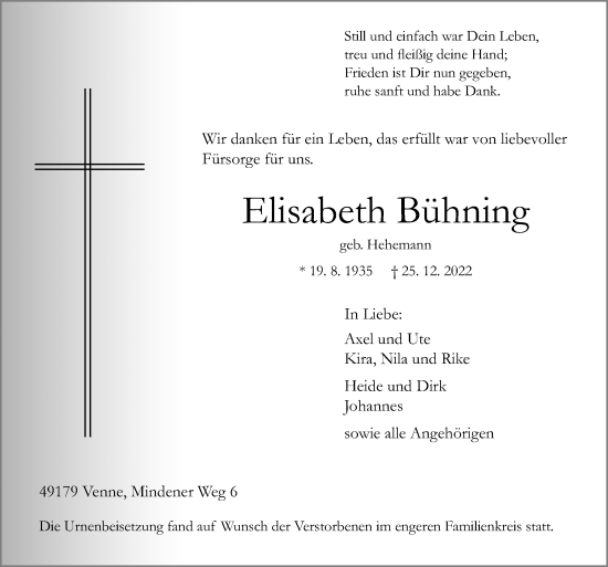 Traueranzeige von Elisabeth Bühning von Neue Osnabrücker Zeitung GmbH & Co. KG