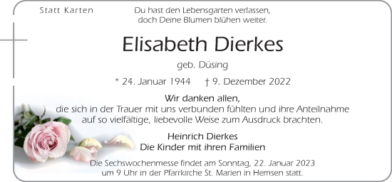 Traueranzeige von Elisabeth Dierkes von Neue Osnabrücker Zeitung GmbH & Co. KG