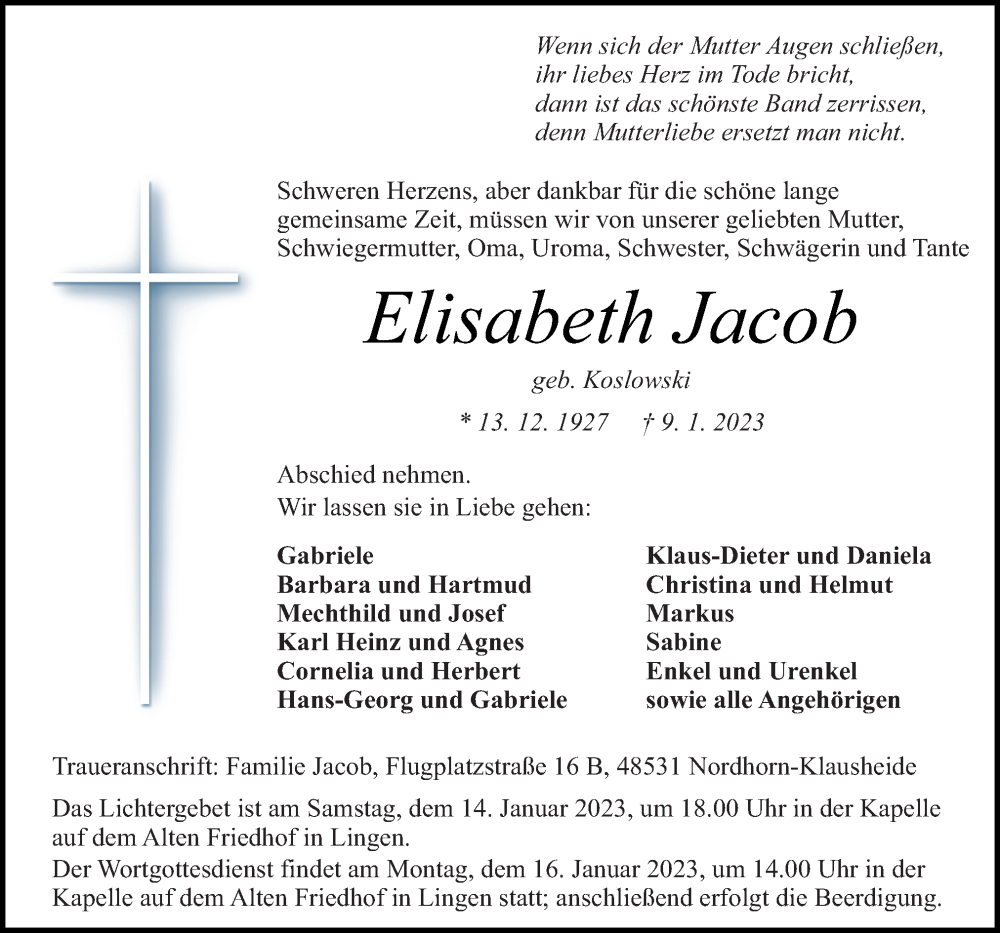  Traueranzeige für Elisabeth Jacob vom 12.01.2023 aus Neue Osnabrücker Zeitung GmbH & Co. KG