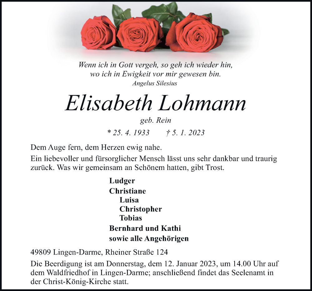  Traueranzeige für Elisabeth Lohmann vom 07.01.2023 aus Neue Osnabrücker Zeitung GmbH & Co. KG