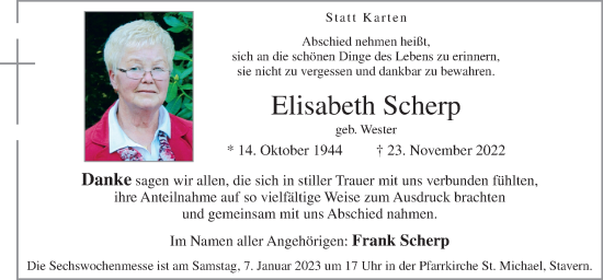 Traueranzeige von Elisabeth Scherp von Neue Osnabrücker Zeitung GmbH & Co. KG