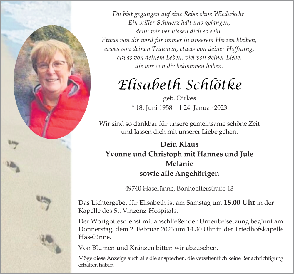  Traueranzeige für Elisabeth Schlötke vom 27.01.2023 aus Neue Osnabrücker Zeitung GmbH & Co. KG