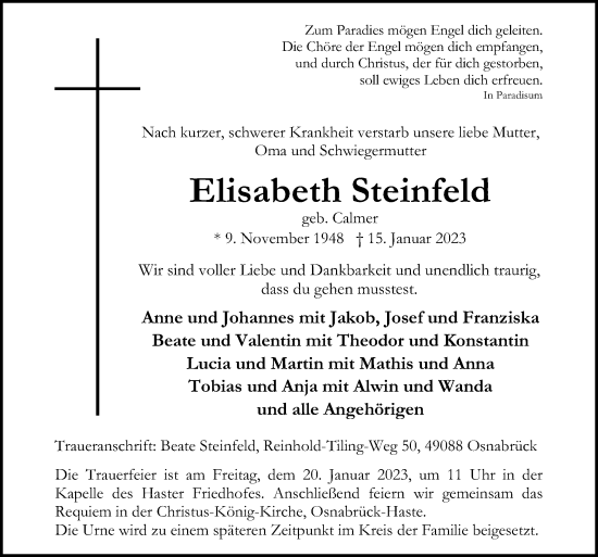 Traueranzeige von Elisabeth Steinfeld von Neue Osnabrücker Zeitung GmbH & Co. KG