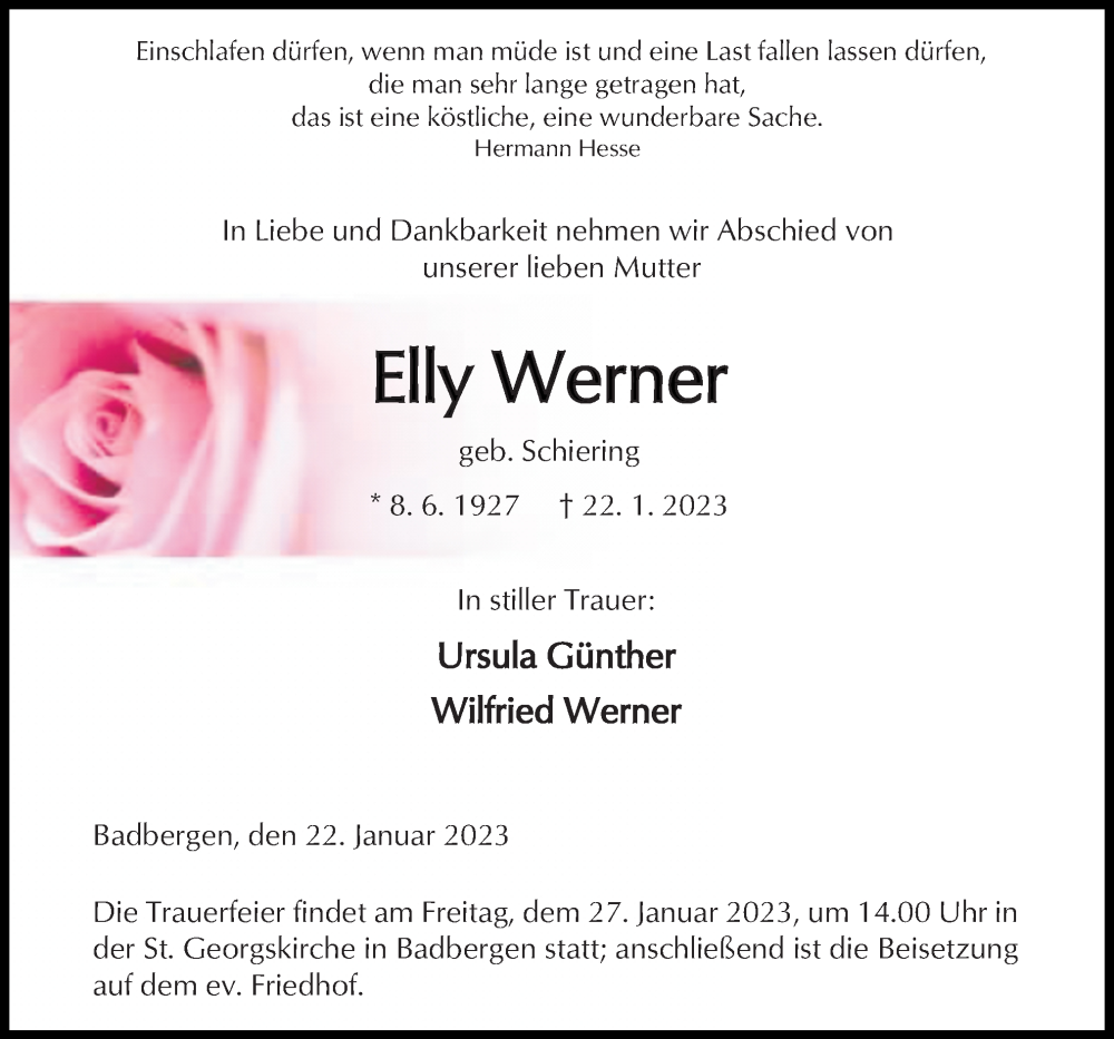  Traueranzeige für Elly Werner vom 25.01.2023 aus Neue Osnabrücker Zeitung GmbH & Co. KG