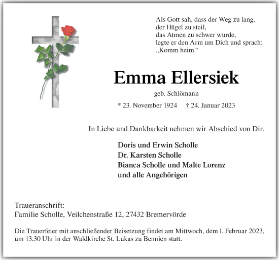 Traueranzeige von Emma Ellersiek von Neue Osnabrücker Zeitung GmbH & Co. KG