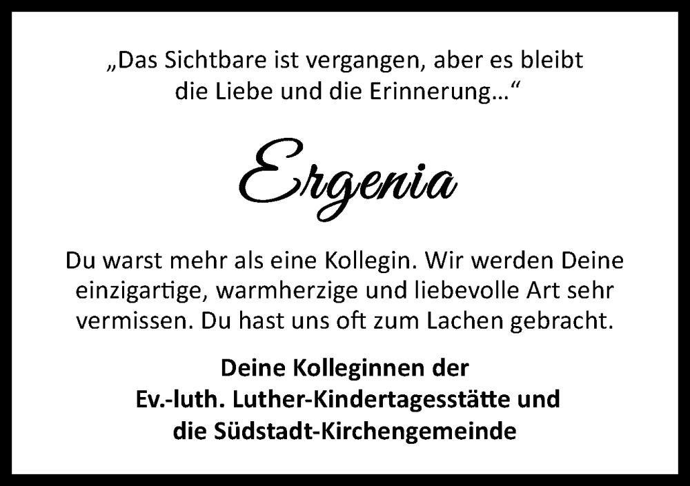  Traueranzeige für Ergenia  vom 21.01.2023 aus Neue Osnabrücker Zeitung GmbH & Co. KG