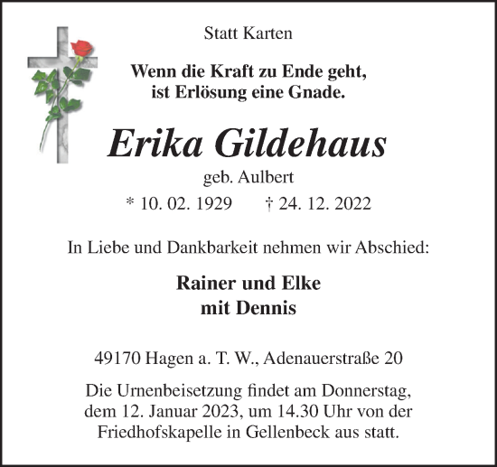 Traueranzeige von Erika Gildehaus von Neue Osnabrücker Zeitung GmbH & Co. KG