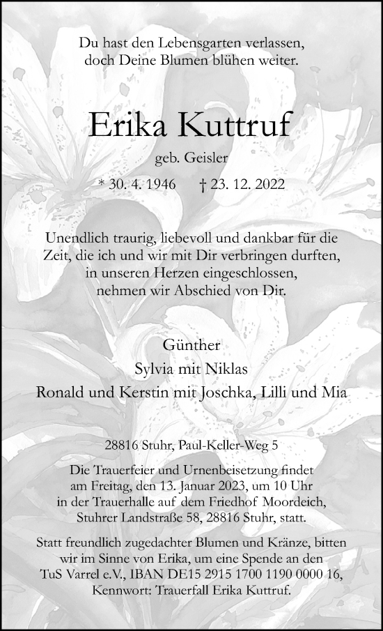 Traueranzeige von Erika Kuttruf von DK Medien GmbH & Co. KG