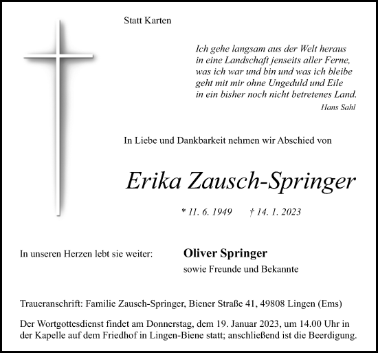 Traueranzeige von Erika Zausch-Springer von Neue Osnabrücker Zeitung GmbH & Co. KG