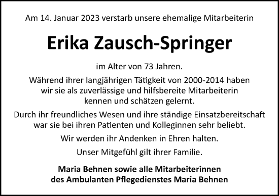 Traueranzeige von Erika Zausch-Springer von Neue Osnabrücker Zeitung GmbH & Co. KG