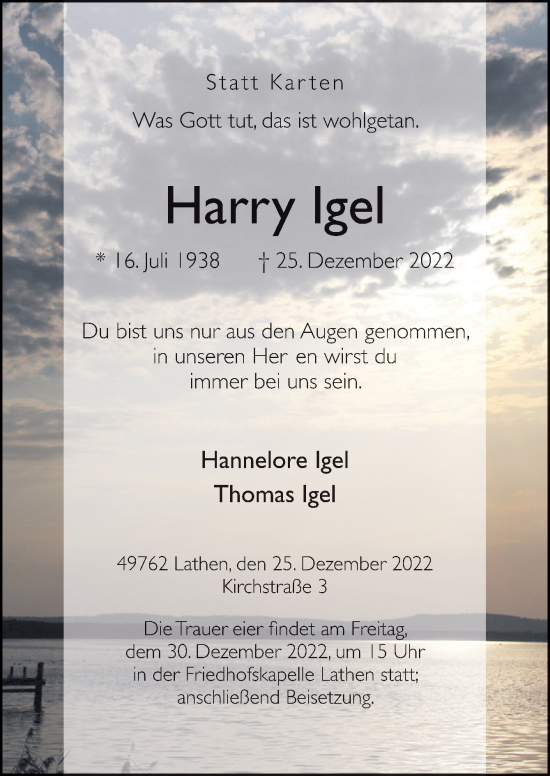 Traueranzeige von Harry Igel von Neue Osnabrücker Zeitung GmbH & Co. KG