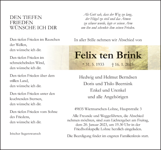 Traueranzeige von Felix ten Brink von Neue Osnabrücker Zeitung GmbH & Co. KG