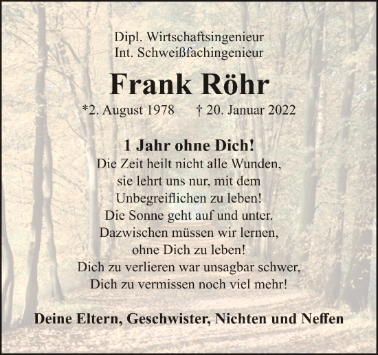 Traueranzeige von Frank Röhr von Neue Osnabrücker Zeitung GmbH & Co. KG