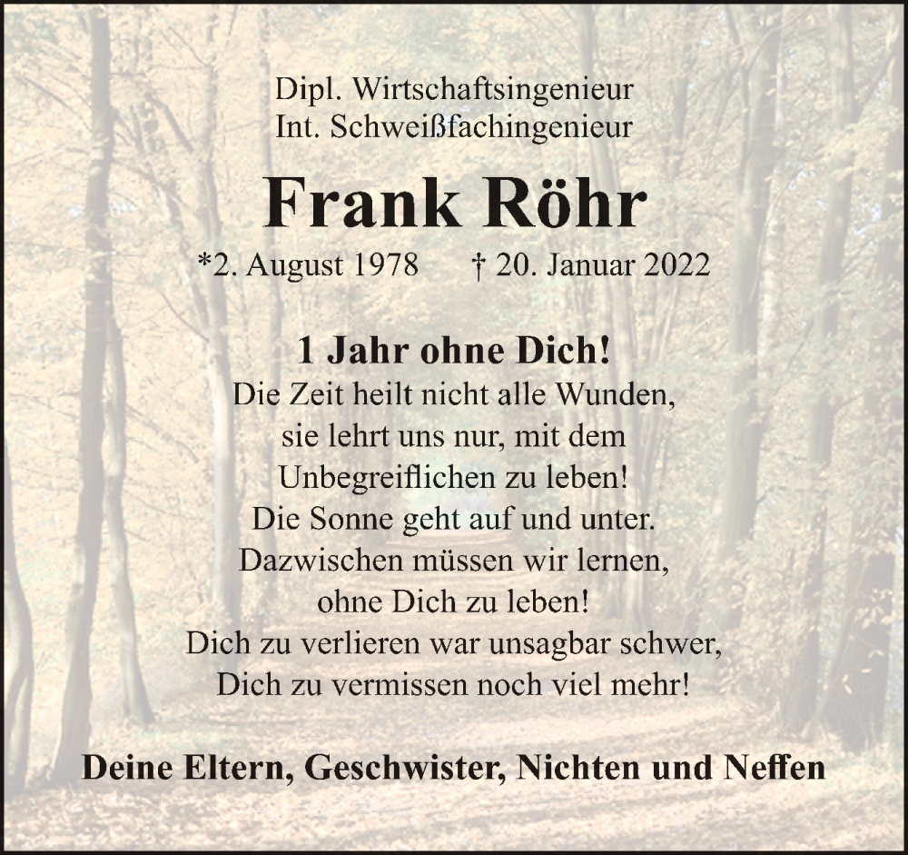  Traueranzeige für Frank Röhr vom 20.01.2023 aus Neue Osnabrücker Zeitung GmbH & Co. KG