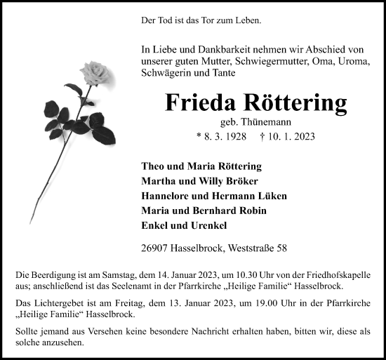 Traueranzeige von Frieda Röttering von Neue Osnabrücker Zeitung GmbH & Co. KG
