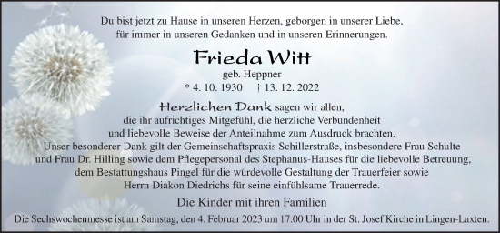 Traueranzeige von Frieda Witt von Neue Osnabrücker Zeitung GmbH & Co. KG
