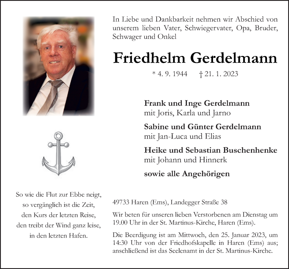  Traueranzeige für Friedhelm Gerdelmann vom 23.01.2023 aus Neue Osnabrücker Zeitung GmbH & Co. KG