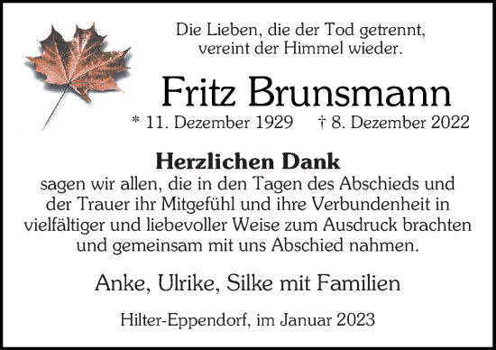 Traueranzeige von Fritz Brunsmann von Neue Osnabrücker Zeitung GmbH & Co. KG