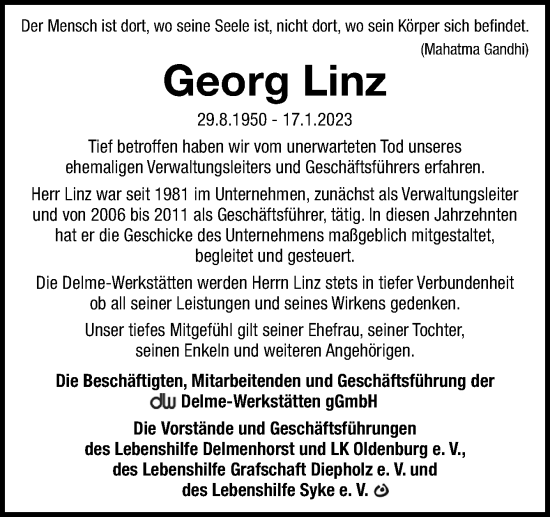 Traueranzeige von Georg Linz von DK Medien GmbH & Co. KG