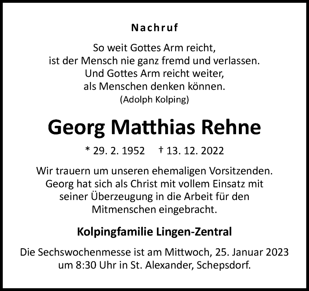  Traueranzeige für Georg Matthias Rehne vom 18.01.2023 aus Neue Osnabrücker Zeitung GmbH & Co. KG