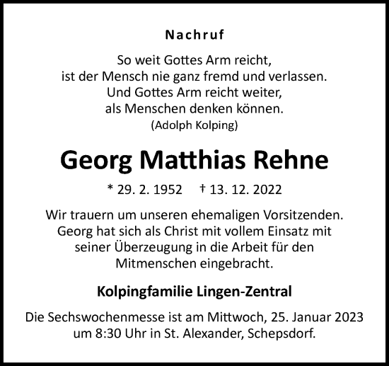 Traueranzeige von Georg Matthias Rehne von Neue Osnabrücker Zeitung GmbH & Co. KG