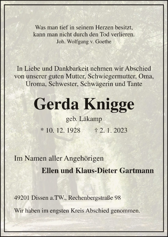 Traueranzeige von Gerda Knigge von Neue Osnabrücker Zeitung GmbH & Co. KG