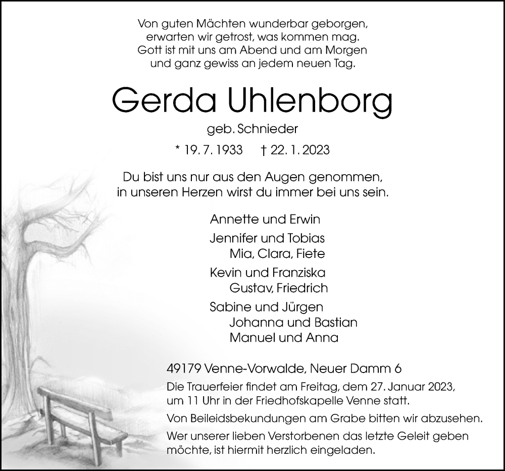  Traueranzeige für Gerda Uhlenborg vom 24.01.2023 aus Neue Osnabrücker Zeitung GmbH & Co. KG