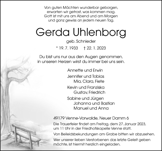 Traueranzeige von Gerda Uhlenborg von Neue Osnabrücker Zeitung GmbH & Co. KG