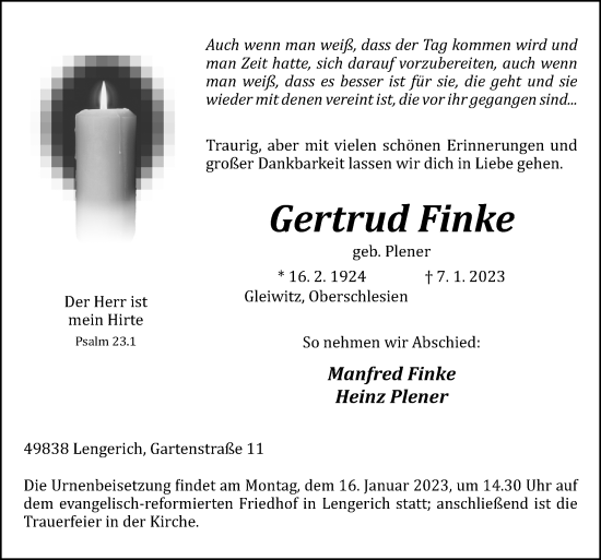 Traueranzeige von Gertrud Finke von Neue Osnabrücker Zeitung GmbH & Co. KG