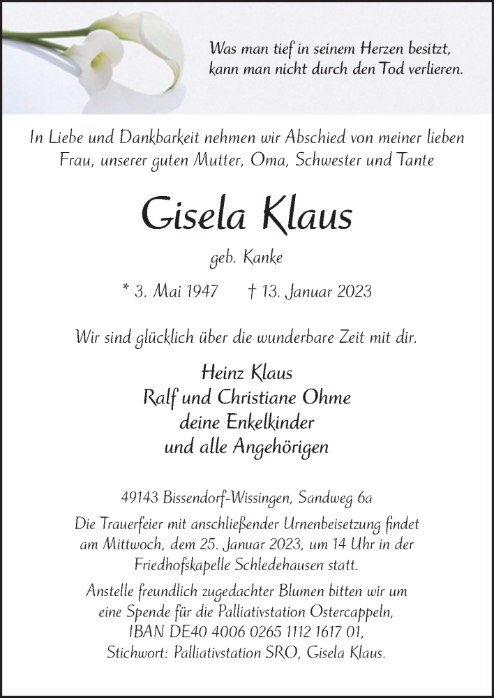  Traueranzeige für Gisela Klaus vom 18.01.2023 aus Neue Osnabrücker Zeitung GmbH & Co. KG