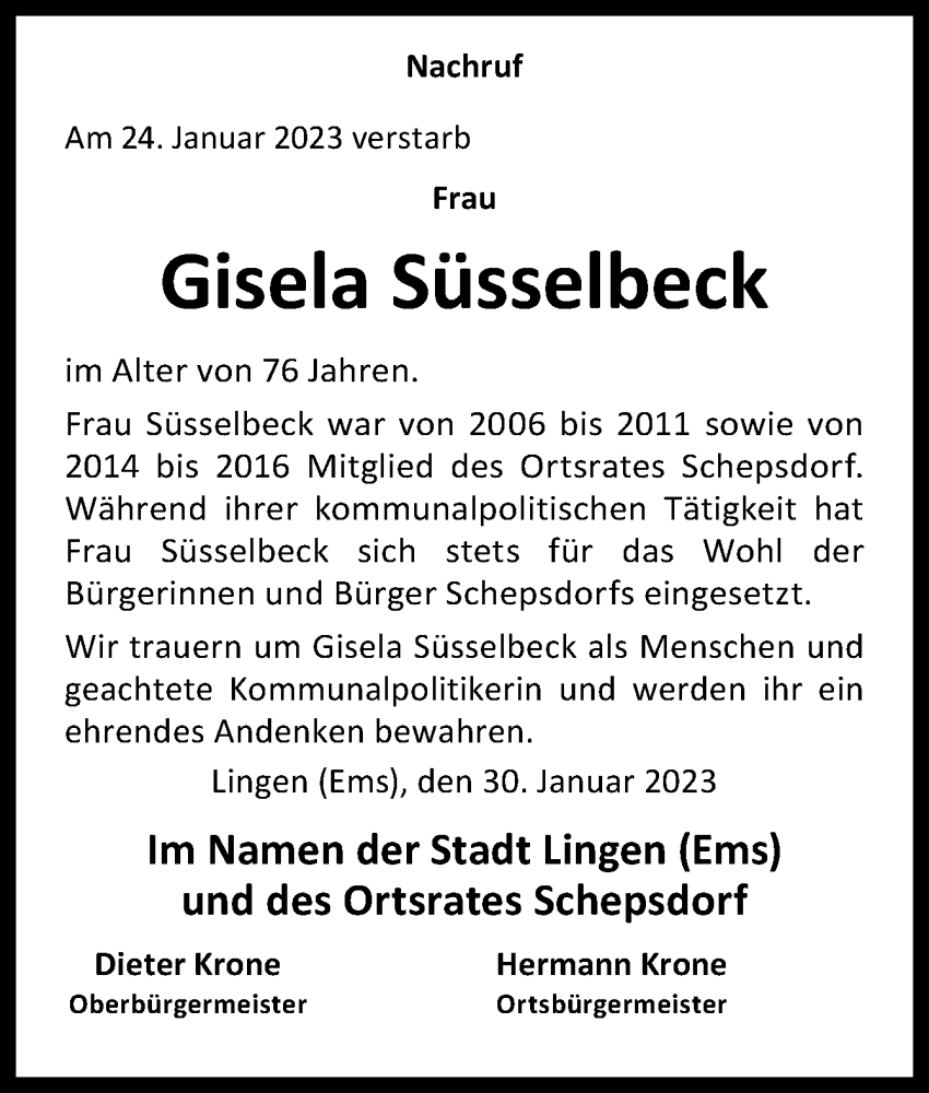  Traueranzeige für Gisela Süsselbeck vom 30.01.2023 aus Neue Osnabrücker Zeitung GmbH & Co. KG