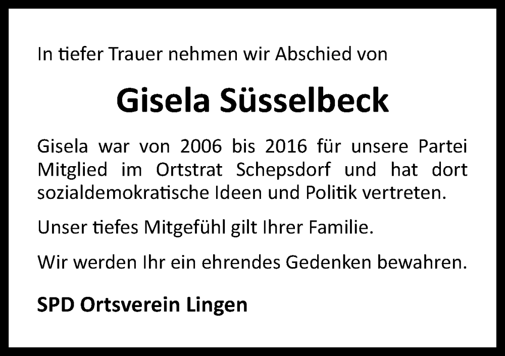 Traueranzeige für Gisela Süsselbeck vom 31.01.2023 aus Neue Osnabrücker Zeitung GmbH & Co. KG