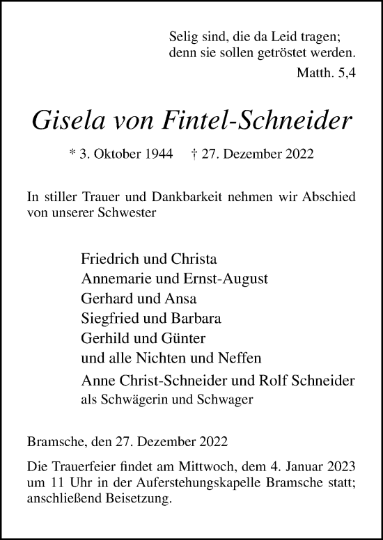 Traueranzeige von Gisela von Fintel-Schneider von Neue Osnabrücker Zeitung GmbH & Co. KG