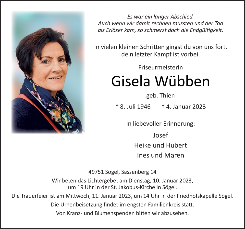  Traueranzeige für Gisela Wübben vom 07.01.2023 aus Neue Osnabrücker Zeitung GmbH & Co. KG